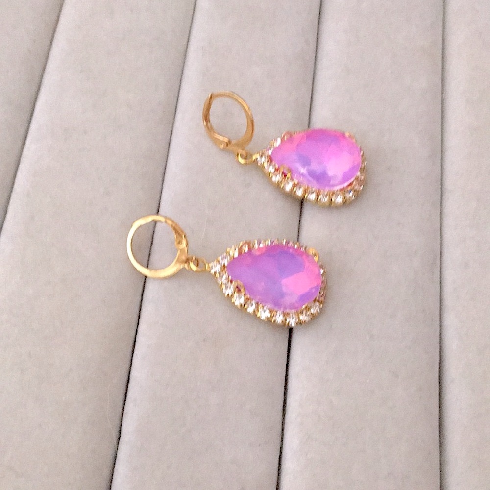 Pink-Purple Opal Aurora Borealis + Gold Crystal Halo Pear Drop Earrings - Picture 3 of 6